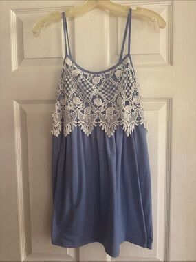 Spaghetti Strap Blue Tank with White Crochet Lace